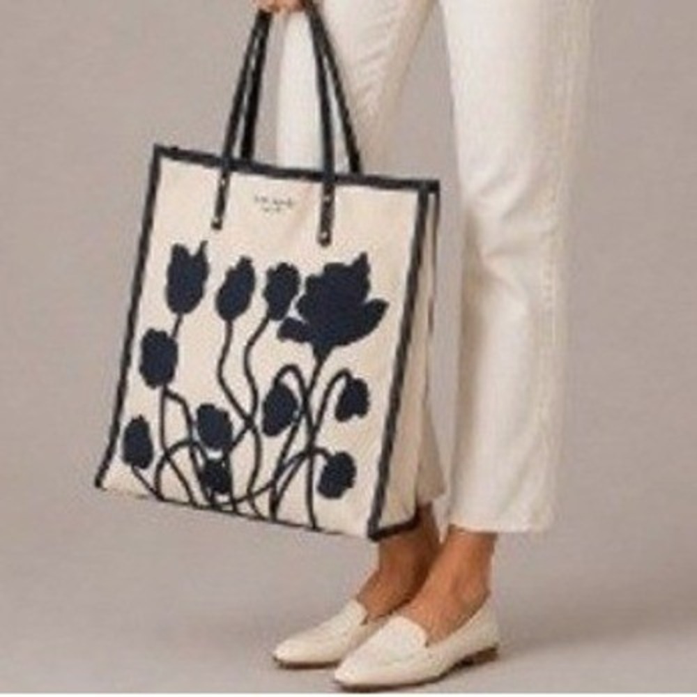 Kate Spade Women's Floral‎ Tan Black Canvas Tote Leather Trim Handbag